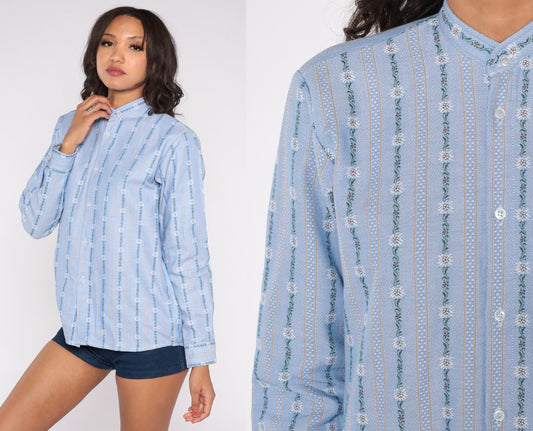 70s Blue Striped Floral Ribbon Print Button-Up Shirt Banded Collar Medium