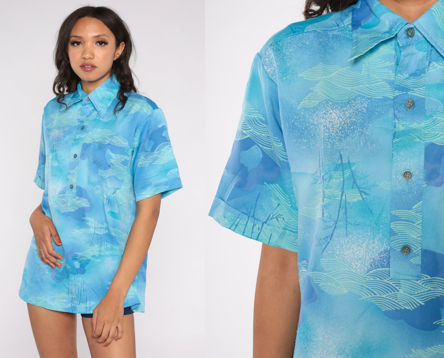 70s Lehua Hawaii Polo Shirt Blue Abstract Cloud Wave Print Medium M
