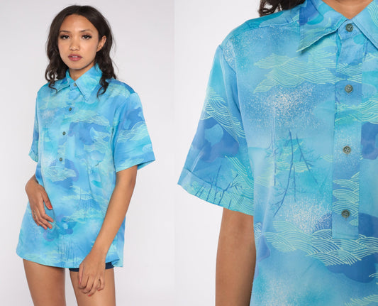 70s Lehua Hawaii Polo Shirt Blue Abstract Cloud Wave Print Medium M