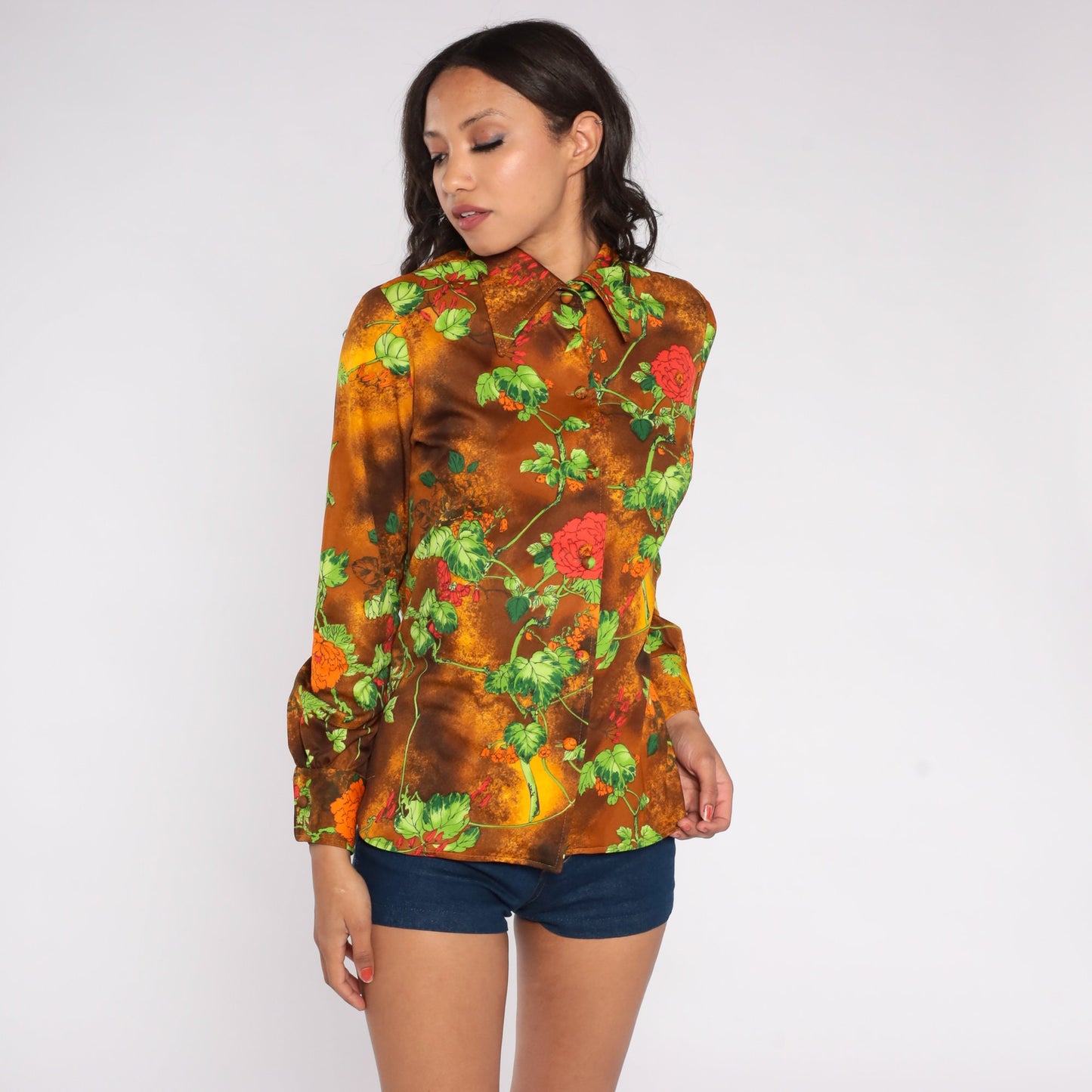 70s Floral Disco Shirt Brown Yellow Cloud Dye Button Up Pointed Collar Medium
