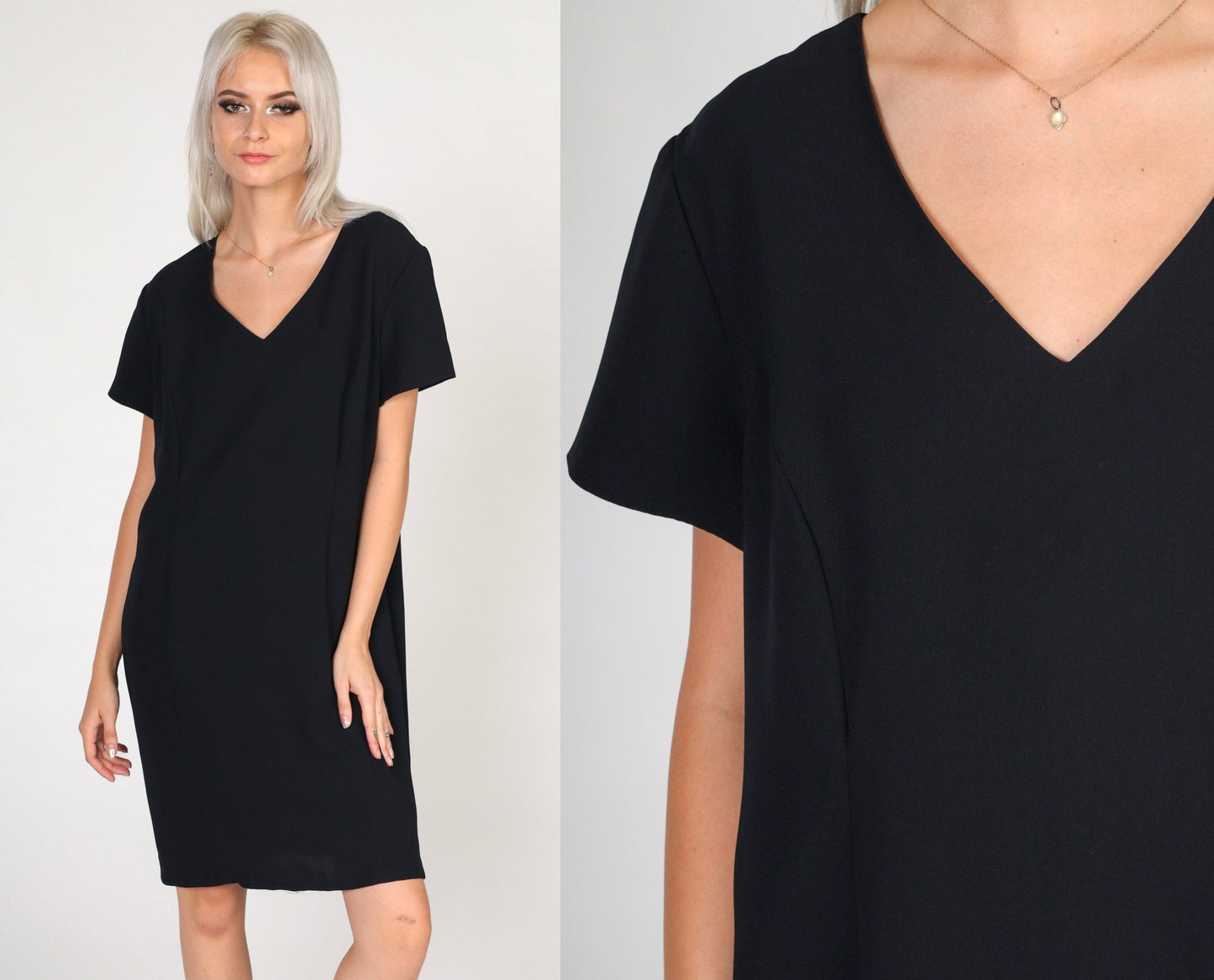 90s Black Mini Dress Sheath Cut Short Sleeve Petite 14