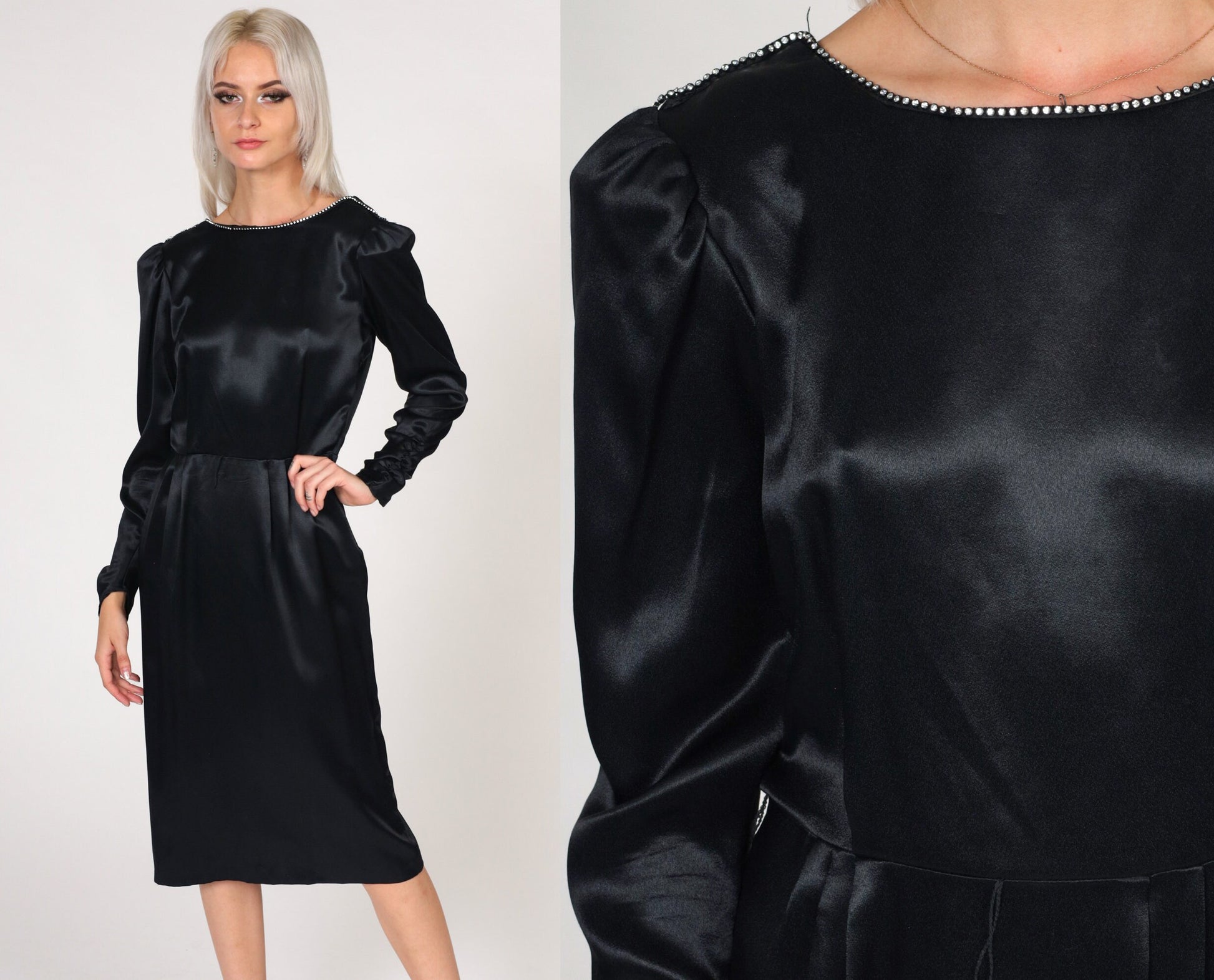 80s Black Satin Midi Dress Rhinestone Neckline Puff Sleeve High Waist Small