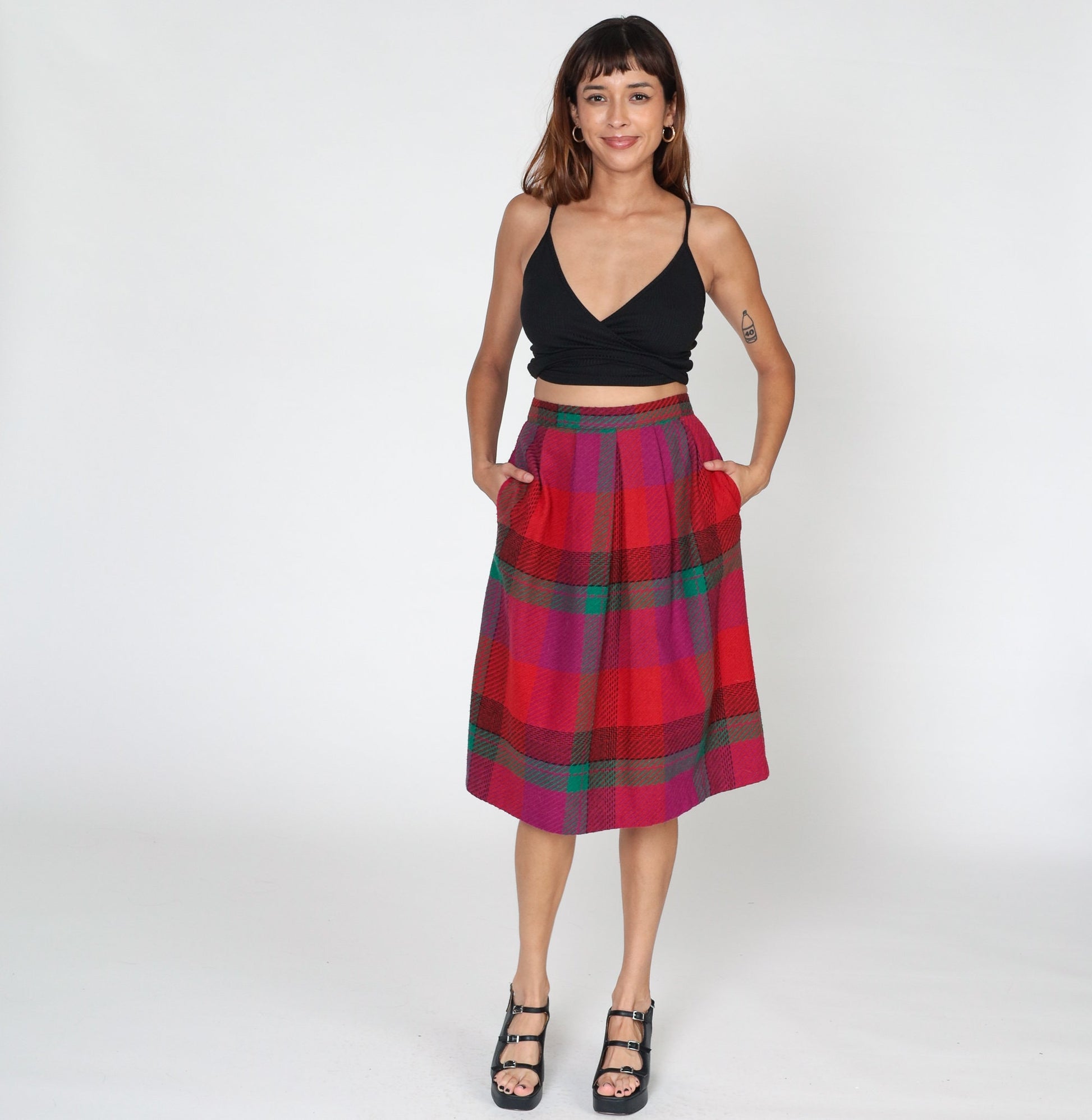 70s Red Plaid Midi Skirt High Waisted A-Line Pockets Small