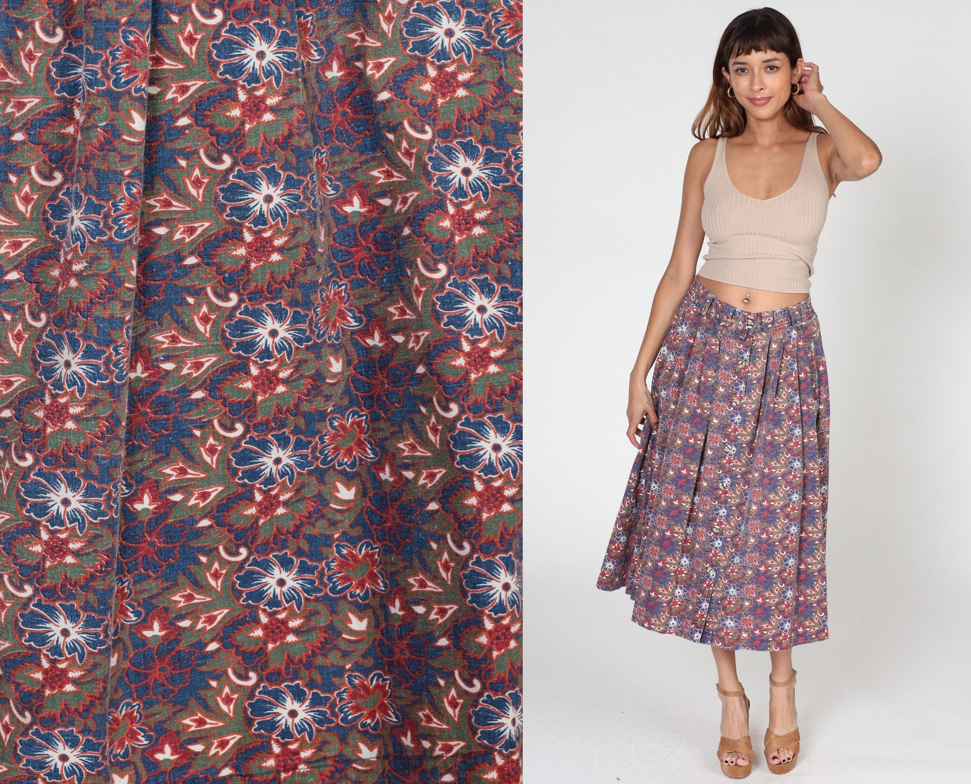 90s Gitano Tropical Floral Pleated Midi Skirt High Waist Button Front Small