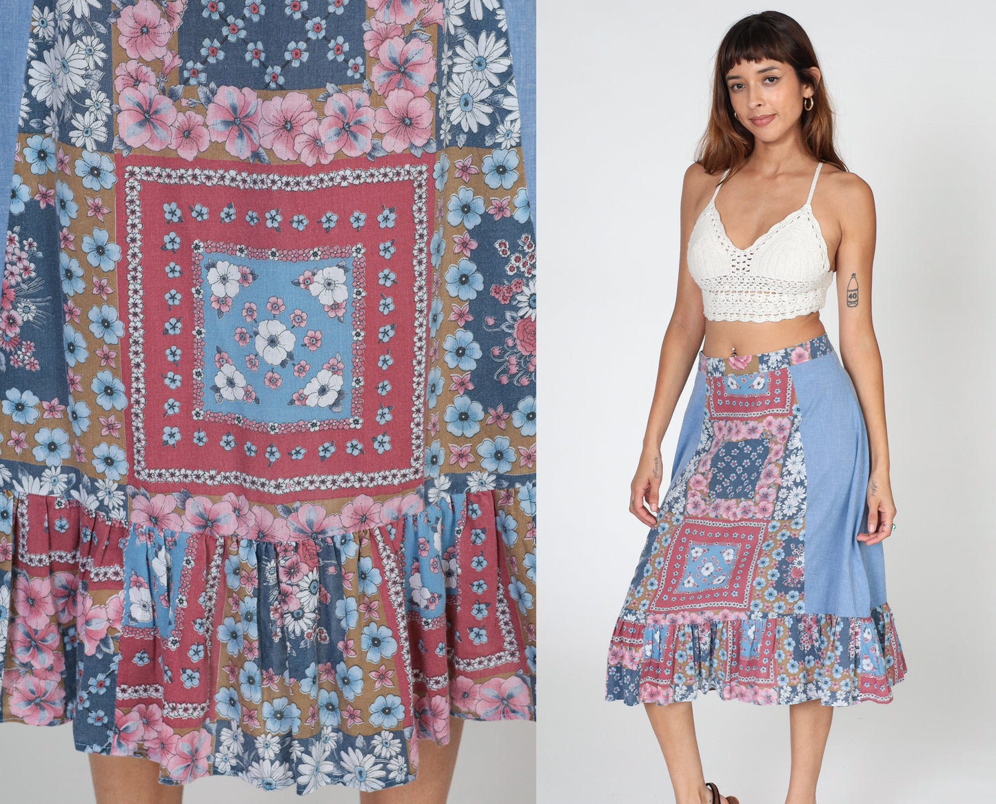 70s Patchwork Floral Midi Skirt Blue High Waist Tiered Ruffled Medium
