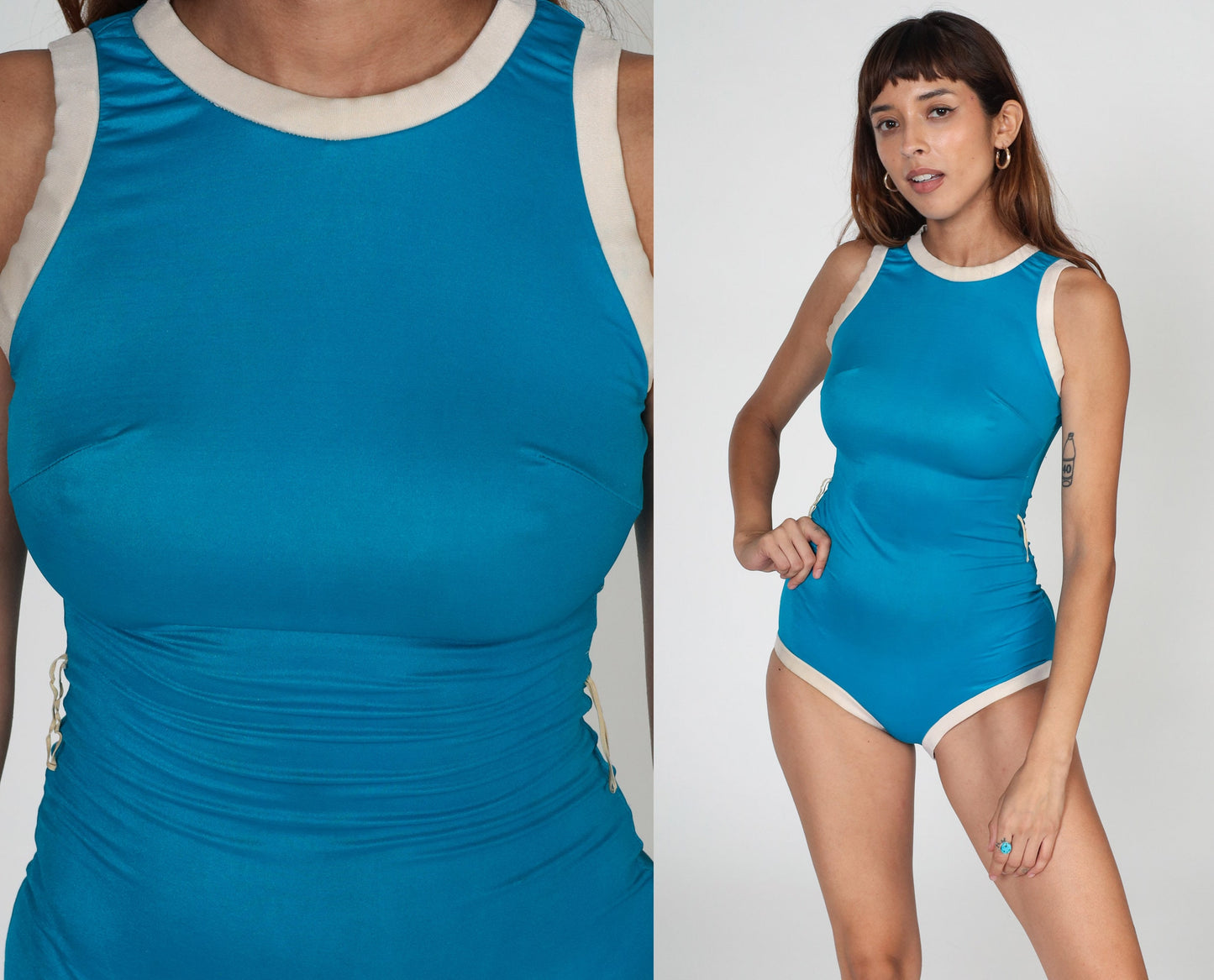 80s Blue Ringer One-Piece Swimsuit Cutout Open Back Small S