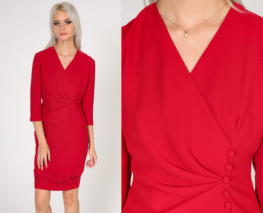 90s Donna Morgan Red Mini Dress Faux Wrap Button Up Floral Embroidered Extra Small