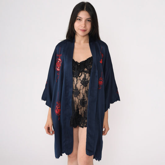 80s Navy Kimono Robe Embroidered Dragon Peacock Fish Jacket Small Medium
