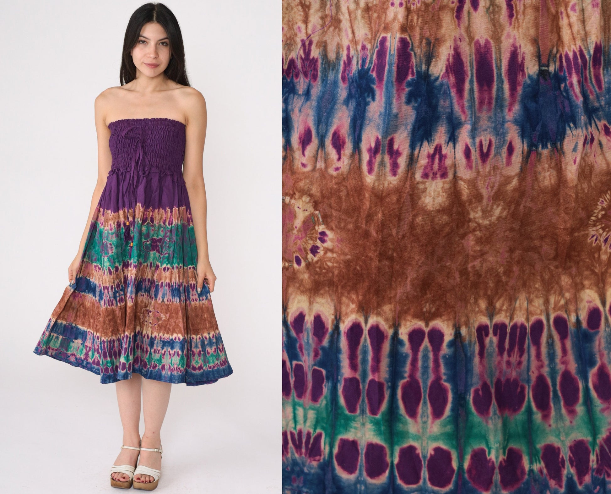 00s Tie Dye Smocked Strapless Midi Dress Purple Green Small Medium
