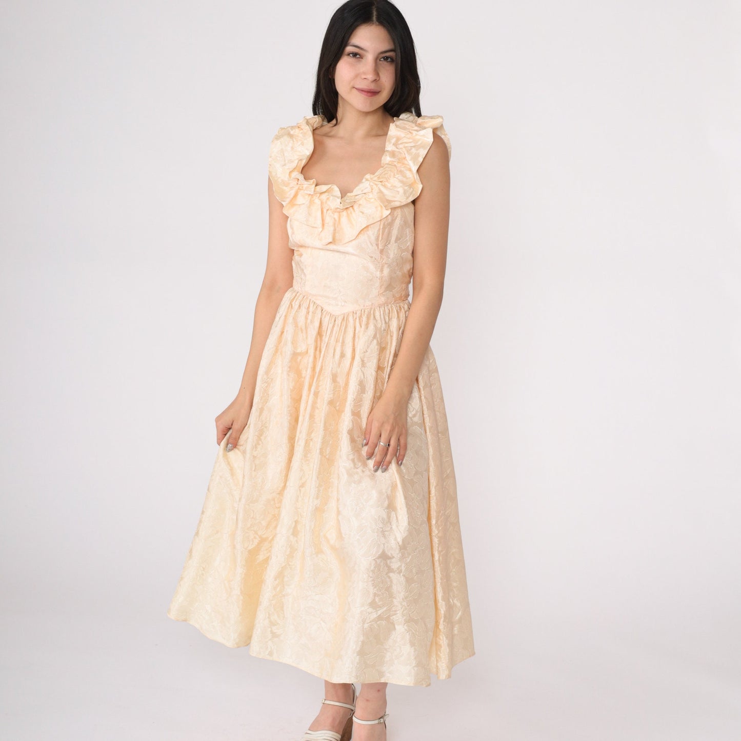 80s Peach Floral Embossed Prom Dress Basque Waist Midi Ruffled Neckline Small