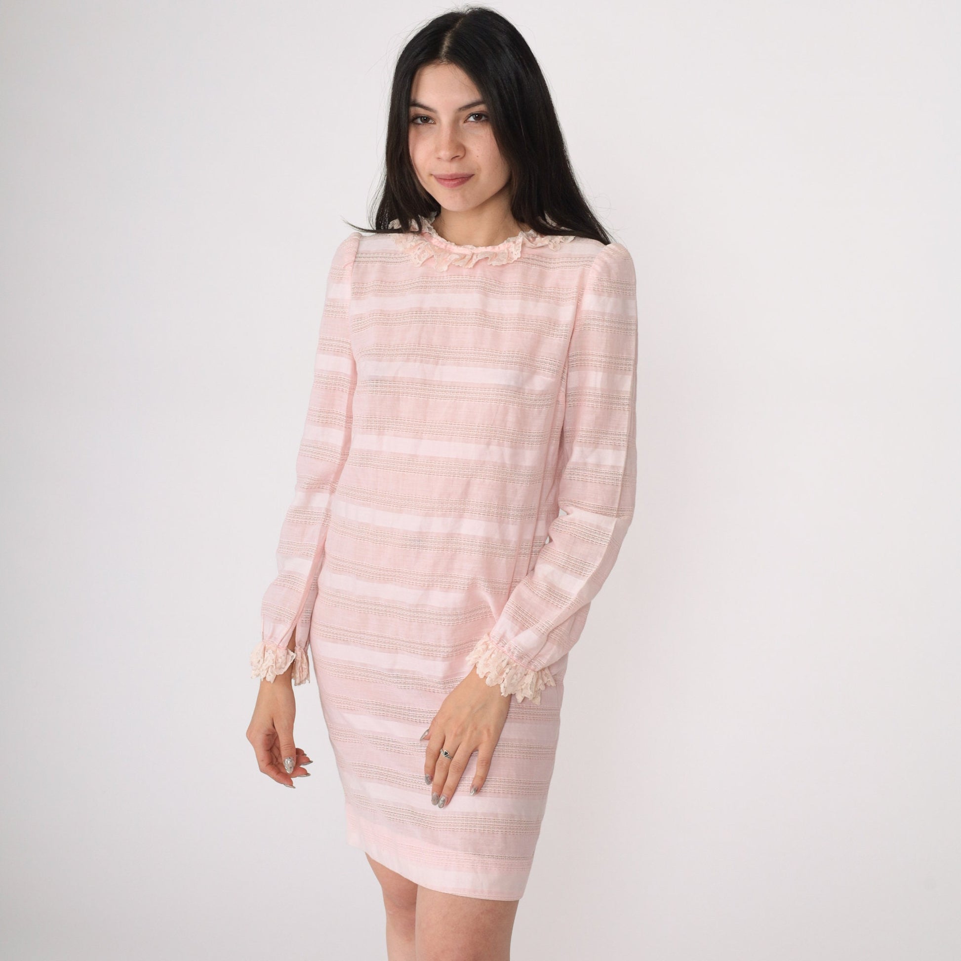 1960s Vicky Vaughn Mod Mini Dress Baby Pink Striped Lace Puff Sleeve Extra Small