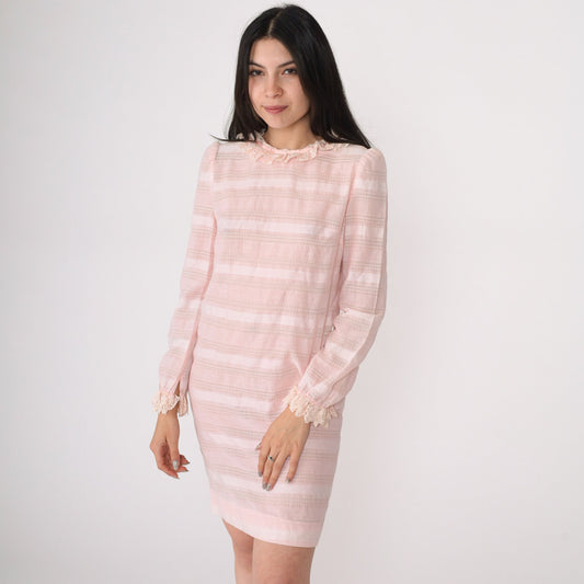 1960s Vicky Vaughn Mod Mini Dress Baby Pink Striped Lace Puff Sleeve Extra Small