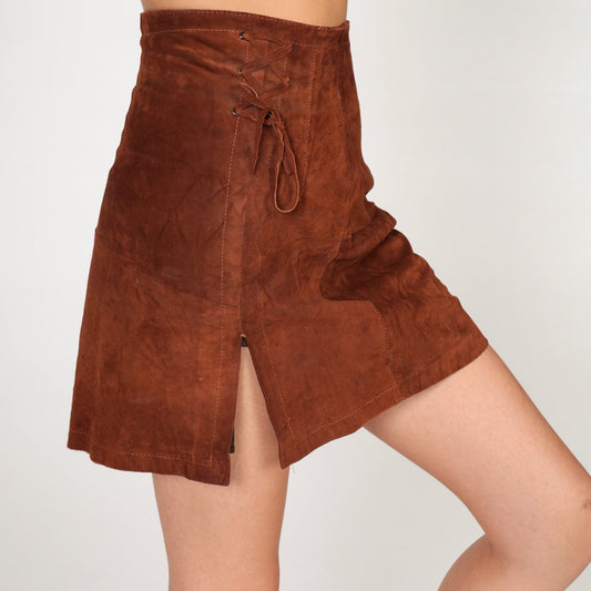 80s Brown Suede Mini Skirt High Waist Lace Up Pencil Cut Extra Small