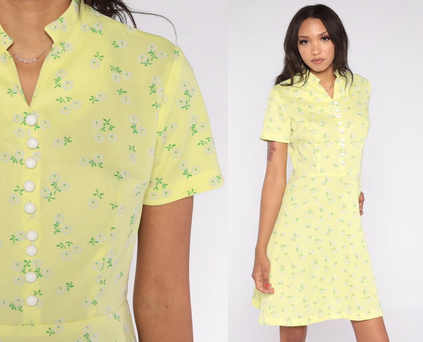 1970s Yellow Floral Mini Dress High Waisted Short Sleeve Mandarin Collar Small