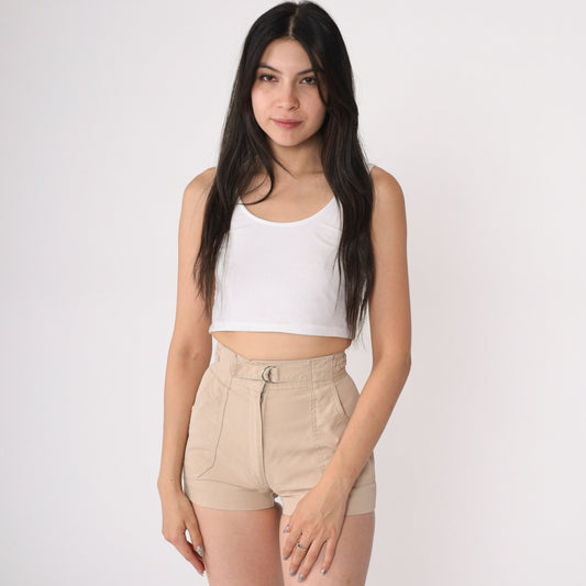 80s Beige Cargo Shorts High Waisted Braided Buckle XXS