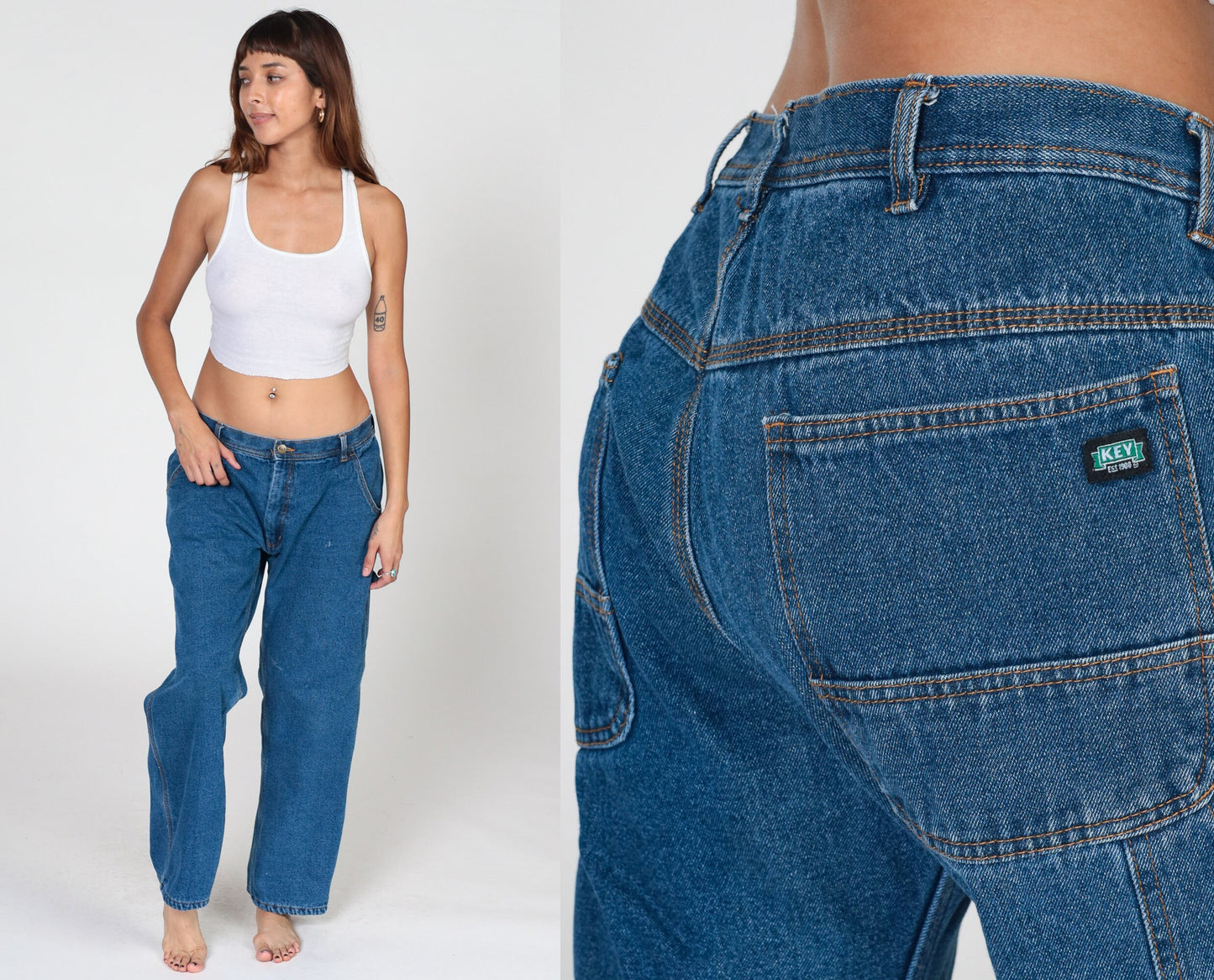 00s Key Carpenter Jeans Blue Denim Fleece Lined Straight Leg Workwear 36x30