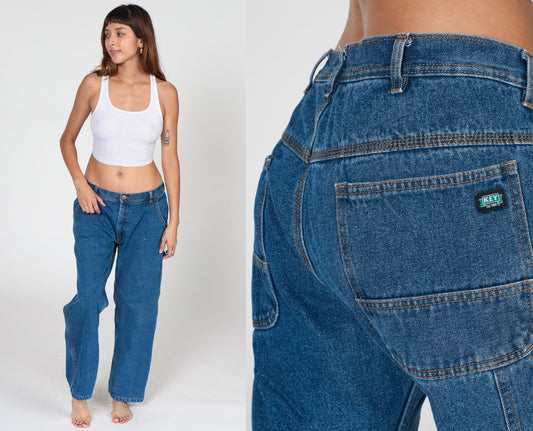 00s Key Carpenter Jeans Blue Denim Fleece Lined Straight Leg Workwear 36x30