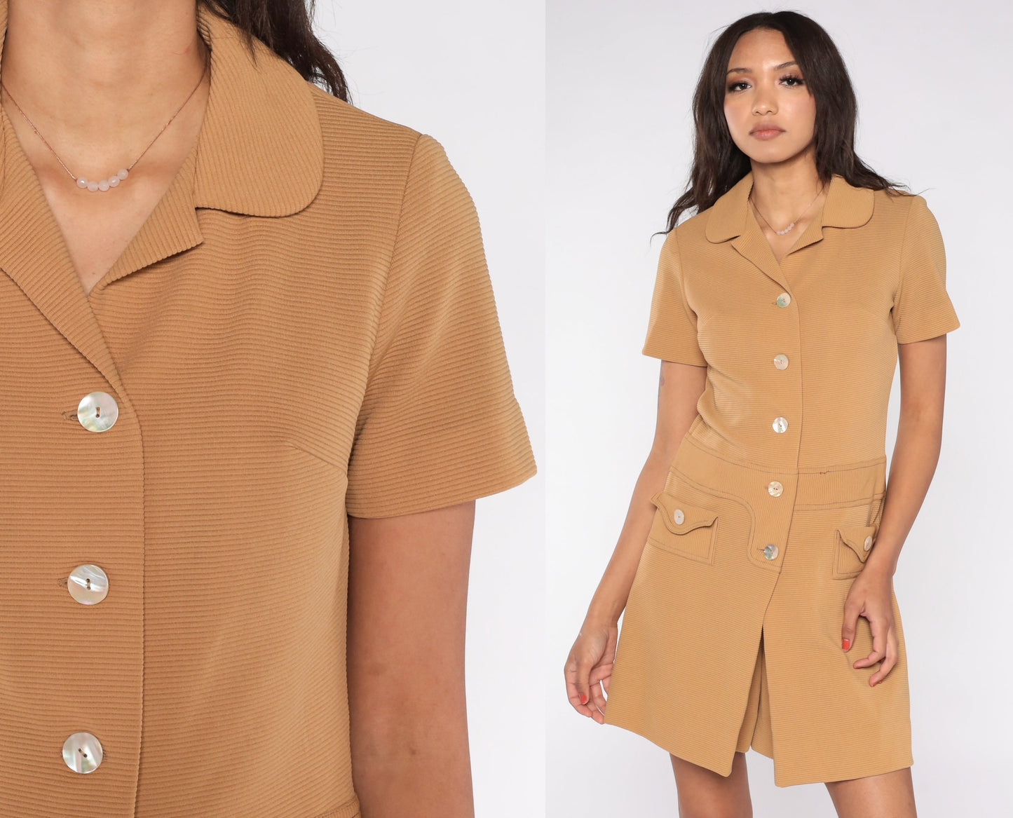 60s Mod Tan Shift Mini Dress with Built-In Shorts Medium