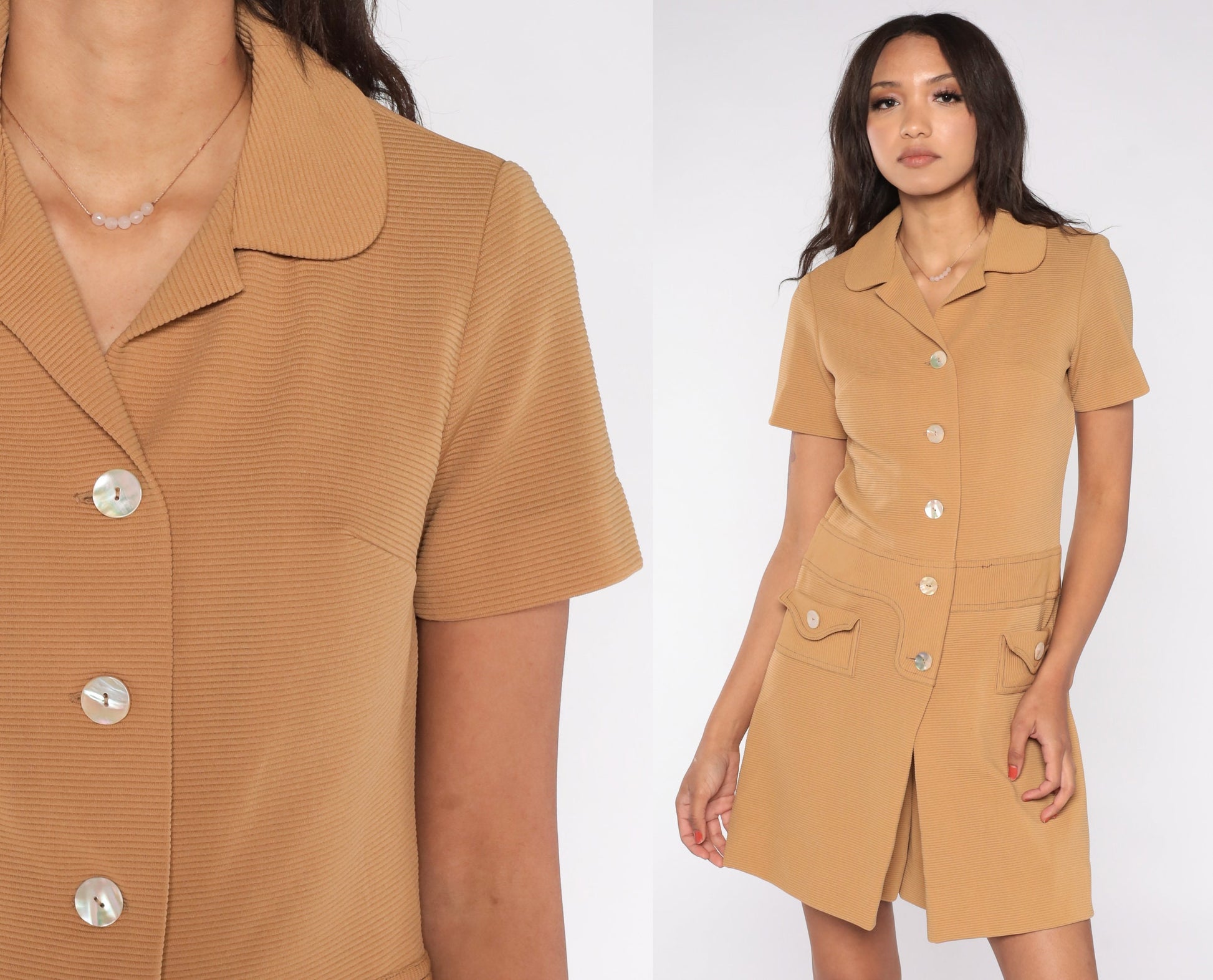 60s Mod Tan Shift Mini Dress with Built-In Shorts Medium