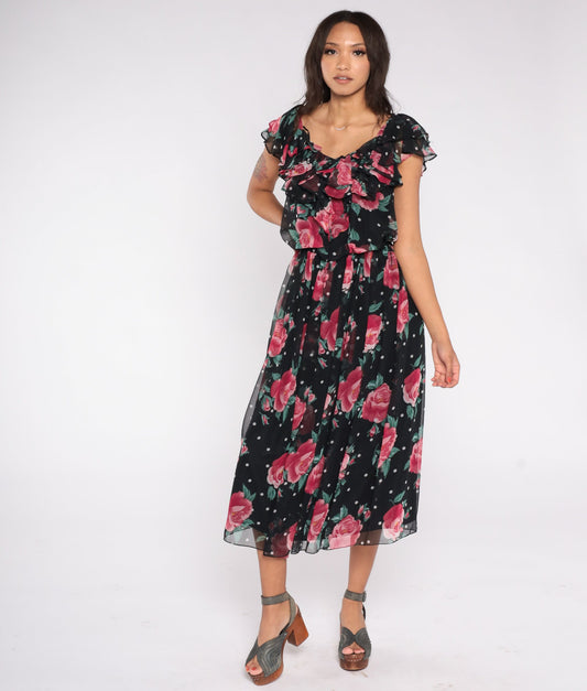 80s Black Floral Chiffon Midi Dress Rose Polka Dot Ruffled Flutter Sleeve Small