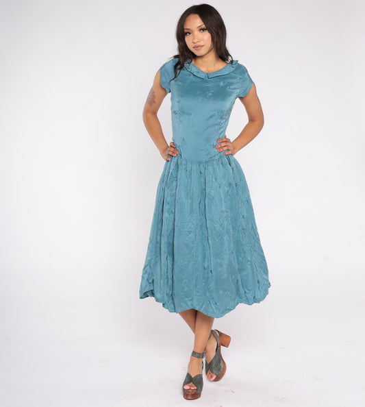 70s Blue Floral Mini Dress Silk Cap Sleeve Low Waist Peter Pan Collar Extra Small