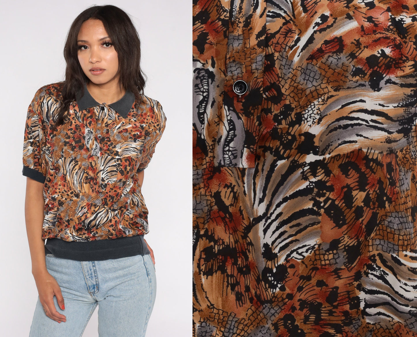 90s Leopard Tiger Print Polo Shirt Slouchy Collared Top Medium