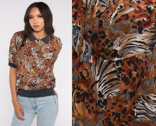 90s Leopard Tiger Print Polo Shirt Slouchy Collared Top Medium