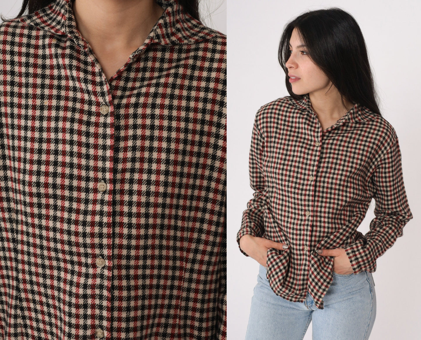Givenchy Y2K Houndstooth Button-Up Blouse Red Black Cream Cotton Small S