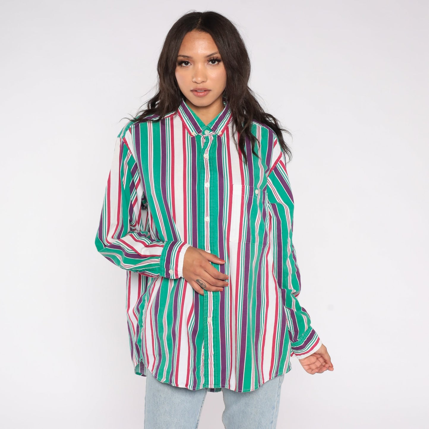 90s Sears Roebuck Striped Cotton Button-Up Shirt Green Purple Extra Large