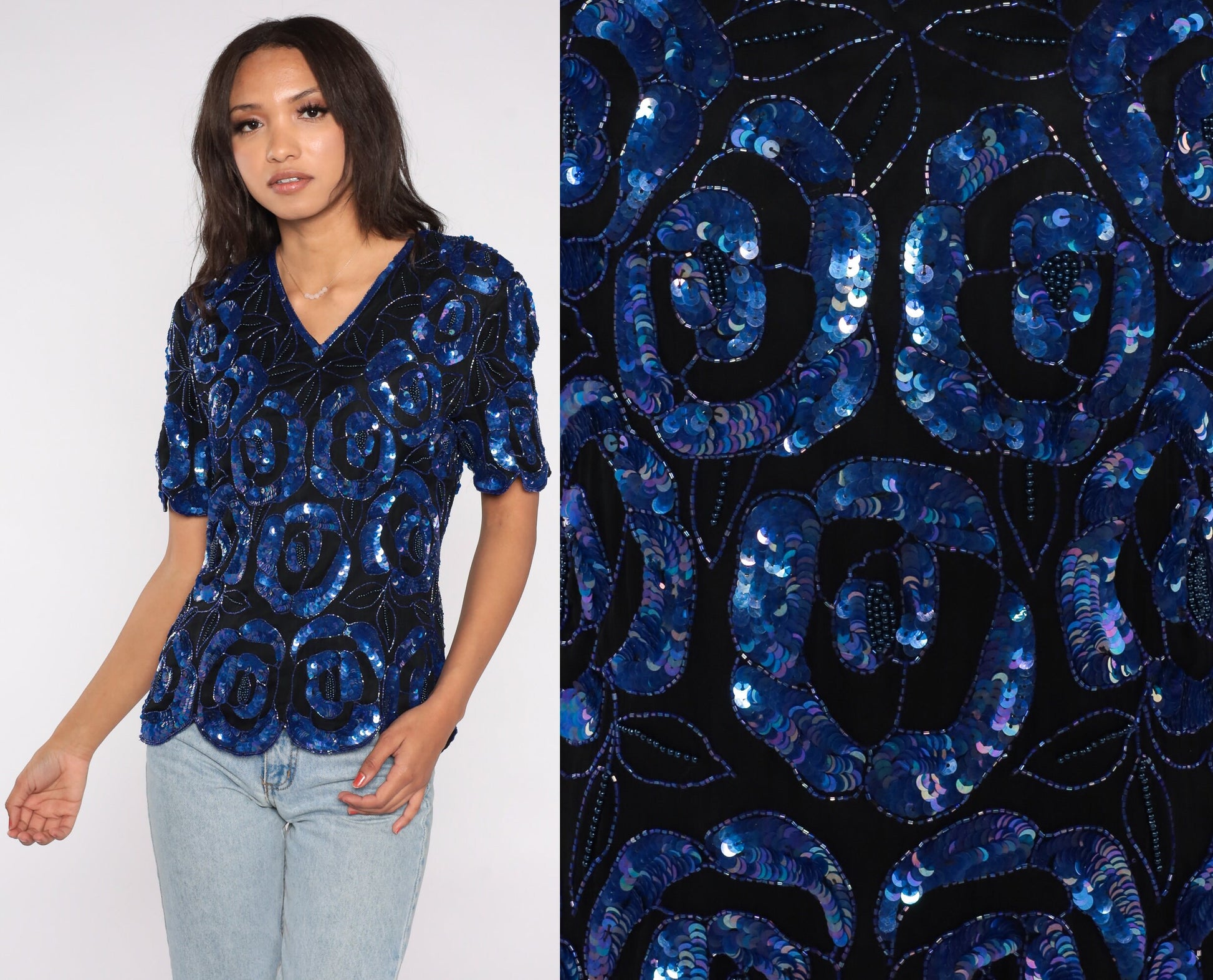 90s Black Silk Sequin Blouse Floral Beaded Short Sleeve Medium M