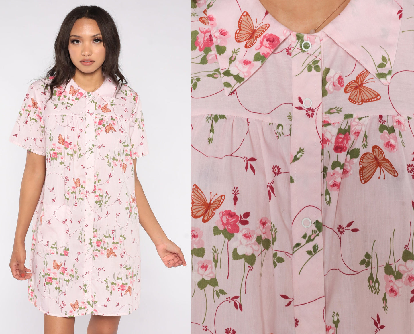 70s Baby Pink Butterfly Floral Mini Dress Snap Button Short Sleeve Medium Large
