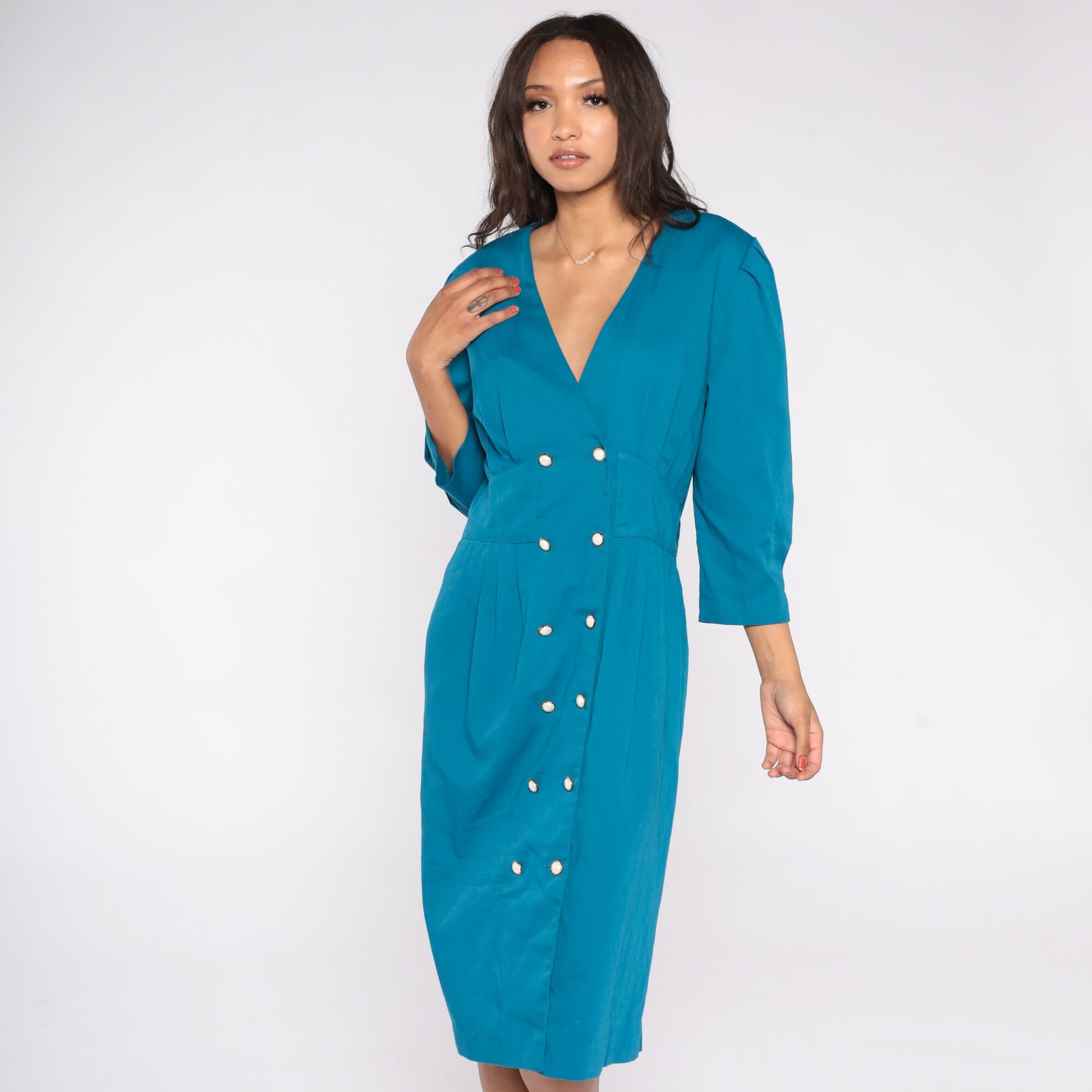 80s Stuart Alan Blue Midi Shift Dress Double Breasted Puff Sleeve Medium