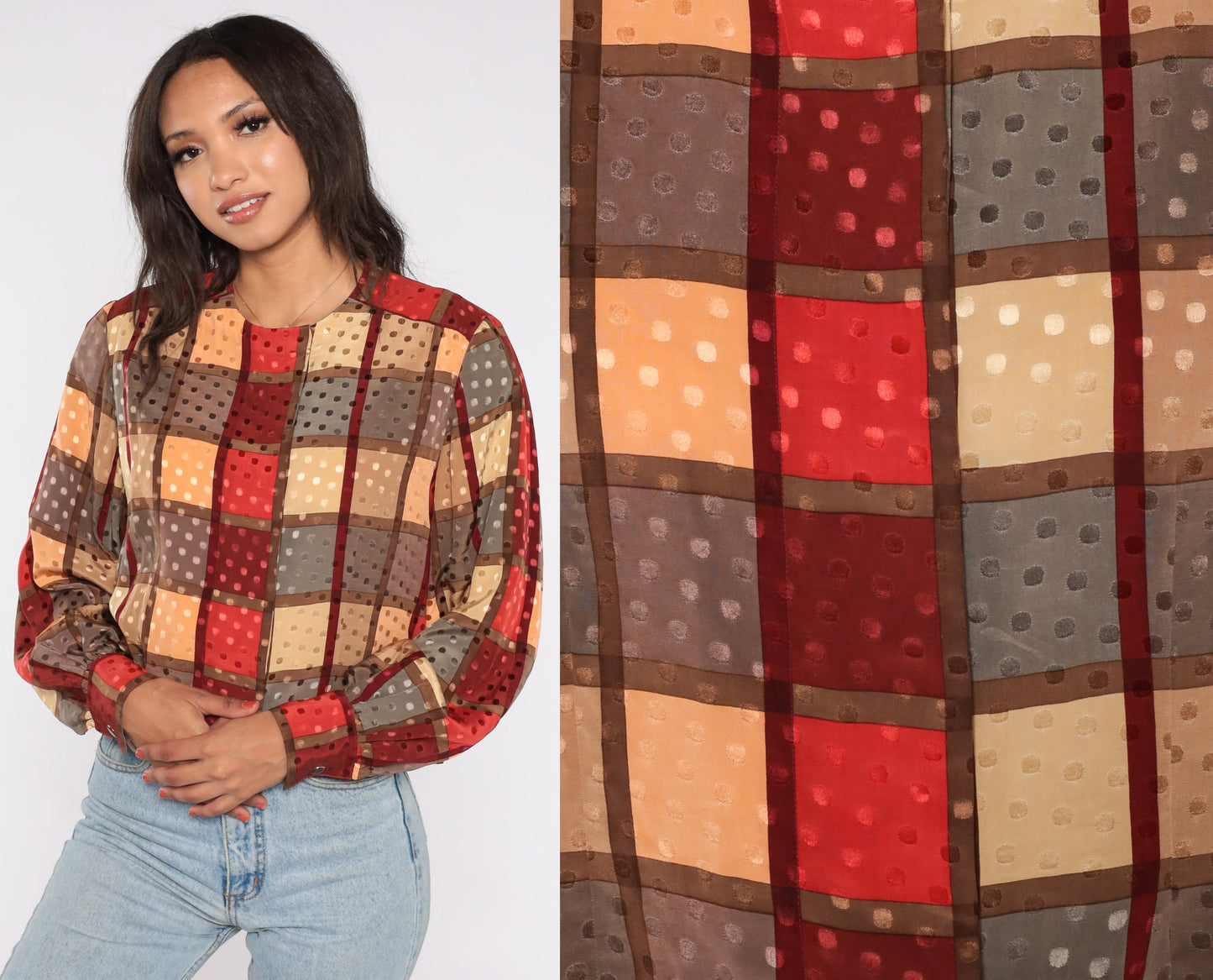 80s Checkered Hidden Button Blouse Long Sleeve Red Yellow Small S