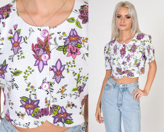 90s White Floral Crop Top Cotton Puff Sleeve Button Blouse Small