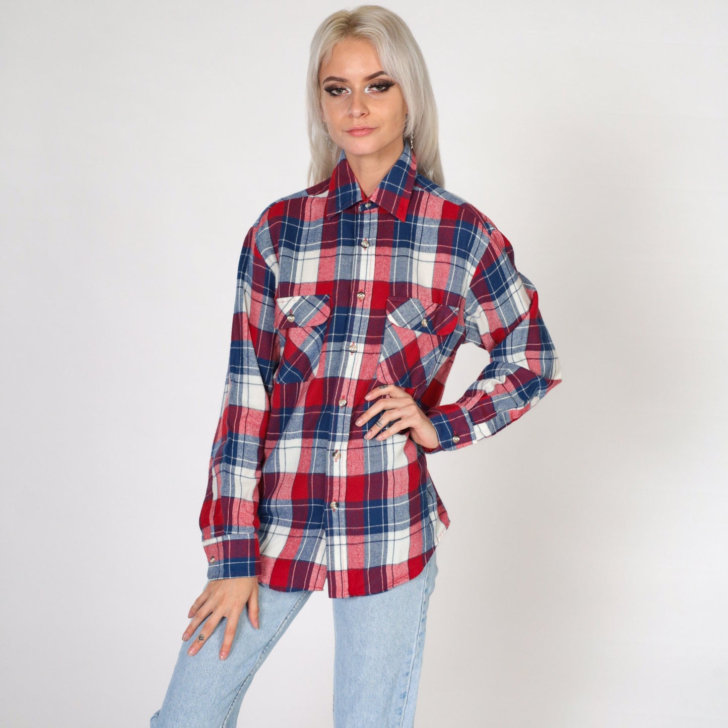 80s High Sierra Plaid Button-Up Shirt Red White Blue Flannel Small