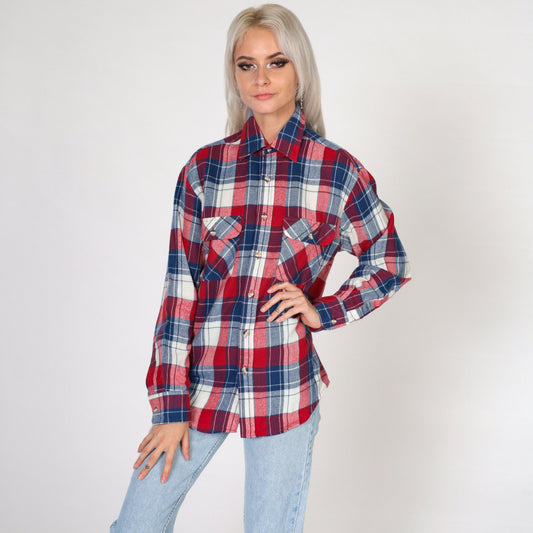 80s High Sierra Plaid Button-Up Shirt Red White Blue Flannel Small