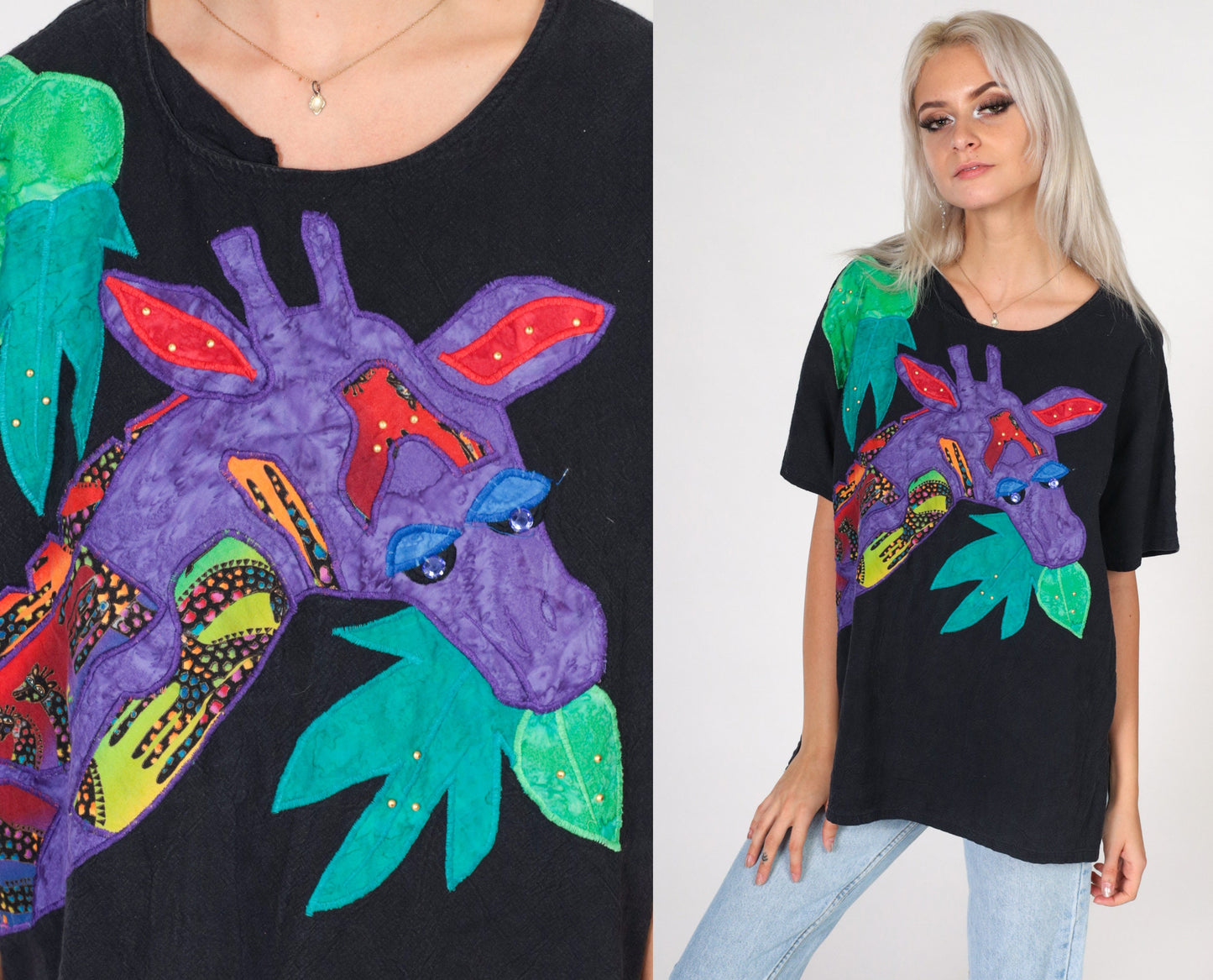 90s Alfredo's Wife Giraffe Rhinestone Beaded Blouse Cotton Short Sleeve Large L