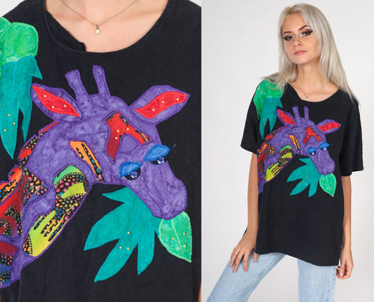 90s Alfredo's Wife Giraffe Rhinestone Beaded Blouse Cotton Short Sleeve Large L