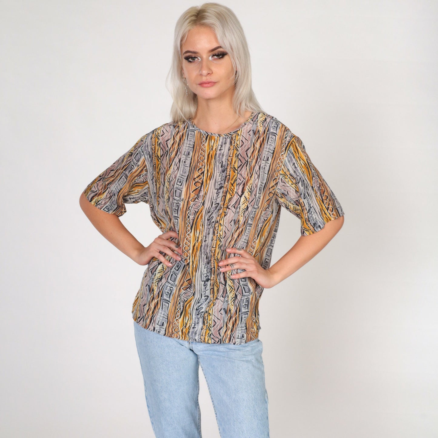 90s Silk Shirt Abstract Geometric Print Short Sleeve Blouse Medium