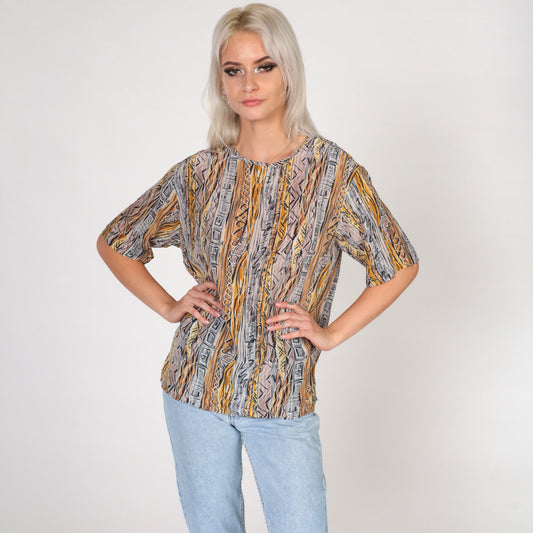 90s Silk Shirt Abstract Geometric Print Short Sleeve Blouse Medium