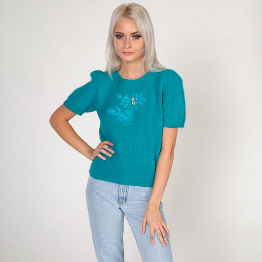 80s Teal Wool Sweater Top Puff Sleeve Beaded Floral Knit Small