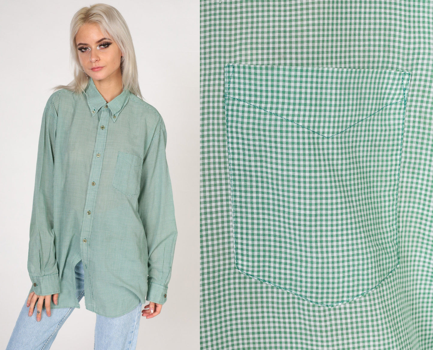 80s Steeple Chase Green White Gingham Button-Up Shirt Large
