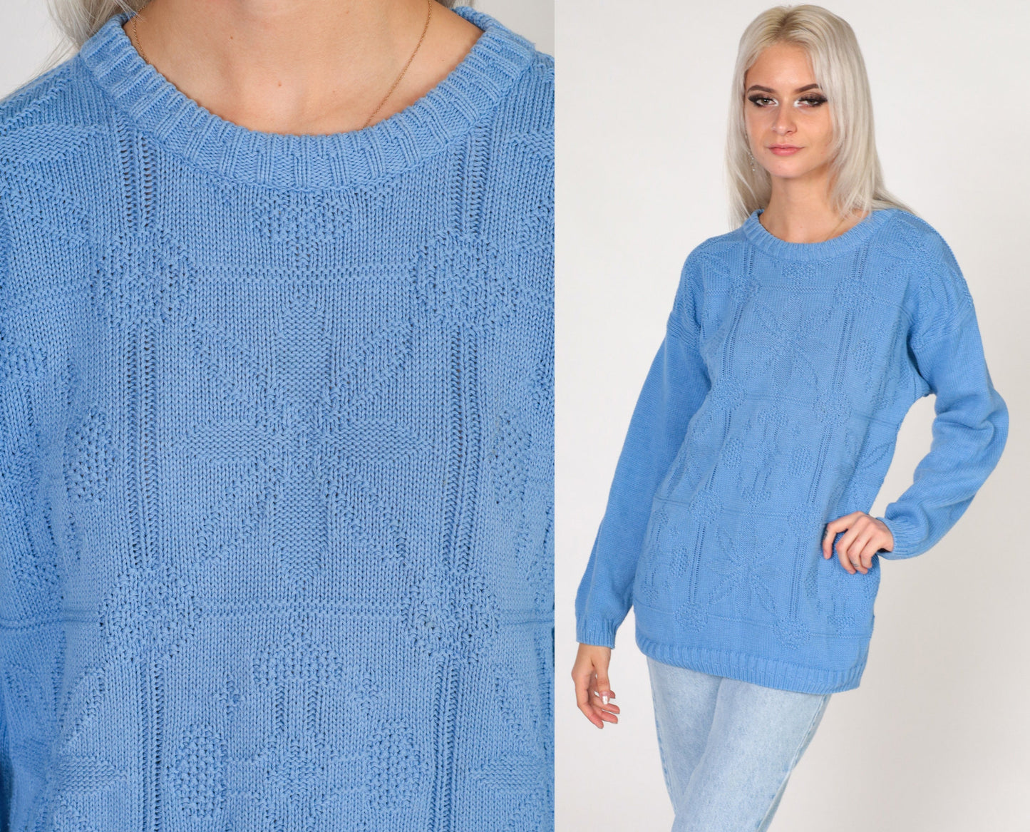 80s Cornflower Blue Floral Knit Crewneck Sweater Medium