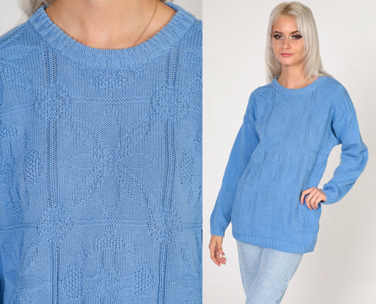 80s Cornflower Blue Floral Knit Crewneck Sweater Medium