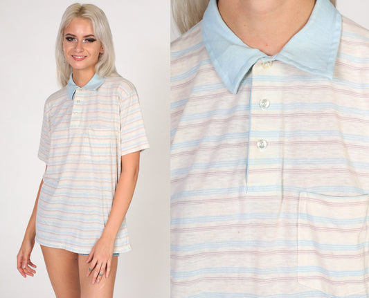 80s Striped Polo Shirt White Burnout Blue Collar Quarter Button Medium