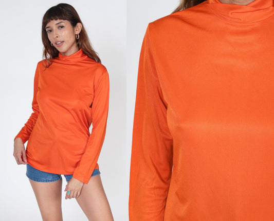 70s Orange Turtleneck Long Sleeve Blouse Rear Zipper Medium M