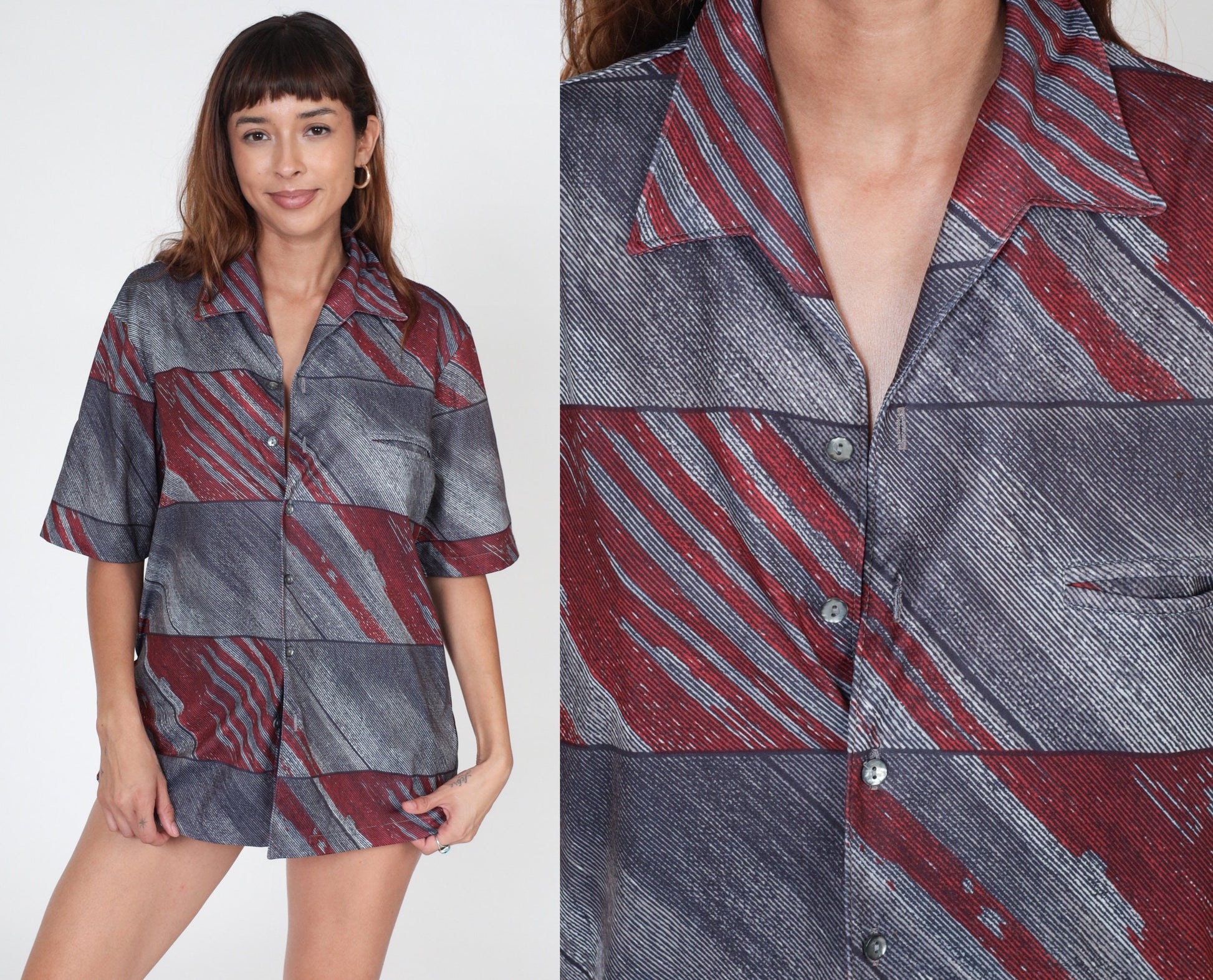 70s Navy Red Diagonal Stripe Button-Up Shirt Men's Large Short Sleeve