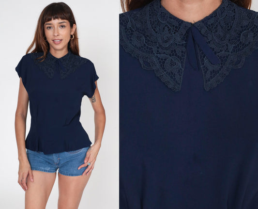 60s Navy Lace Collar Blouse Cap Sleeve Button Back Rayon Shirt Medium