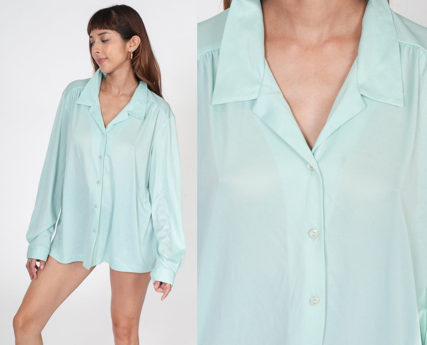 Y2K Mint Blue Button-Up Blouse Long Sleeve 00s Collared Plus Size XXL