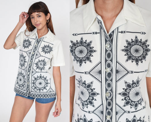 70s Geometric Mandala White Button-Up Blouse Short Sleeve Medium